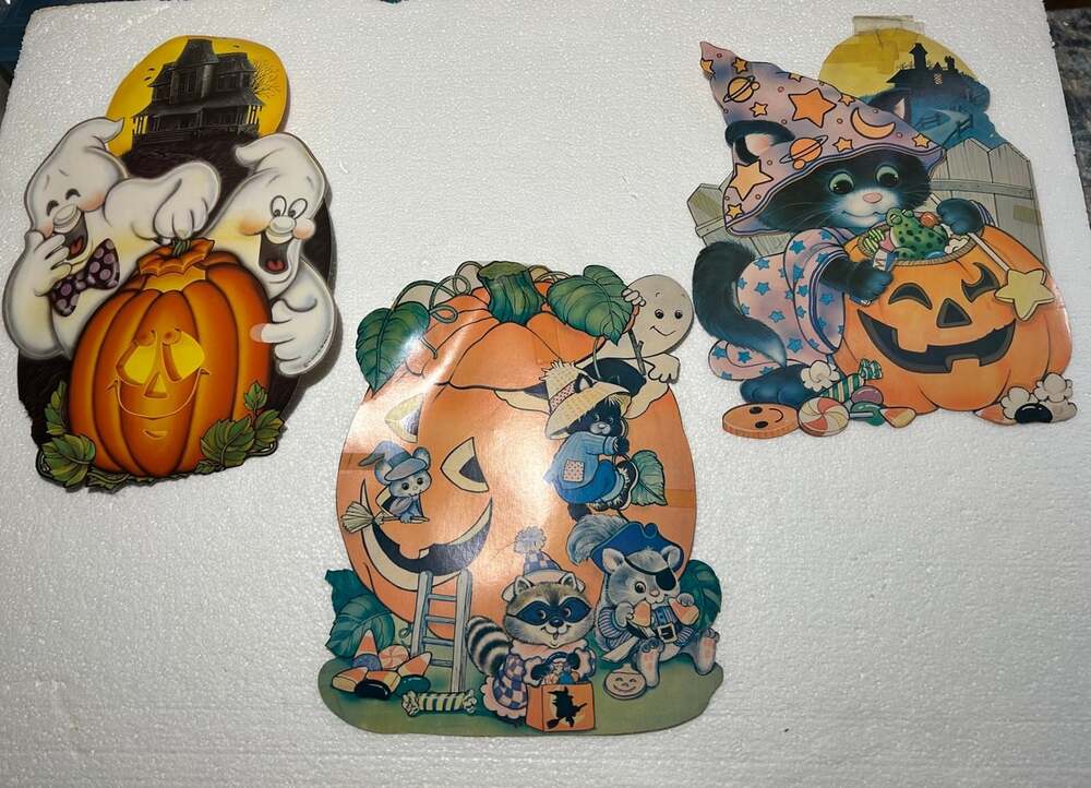 Vintage Die Cast Halloween Decor 1983 Ghost& Black Kitty lot of 3 READ